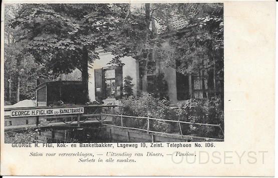 Het Slot en omgeving0001a, Lageweg. 1900.jpg - Lunchroom van George H. Figi, Kok en Banketbakker, Lageweg 10. Telefoon No 106.Na dat Figi in 1909 naar ‘t Rond was vertrokken kwam hier Mevr. De Wed. J.P. Schilling wonen. Vanaf 1920 kreeg het huis de bijnaam “Schippershoek “. Opname van 1902.